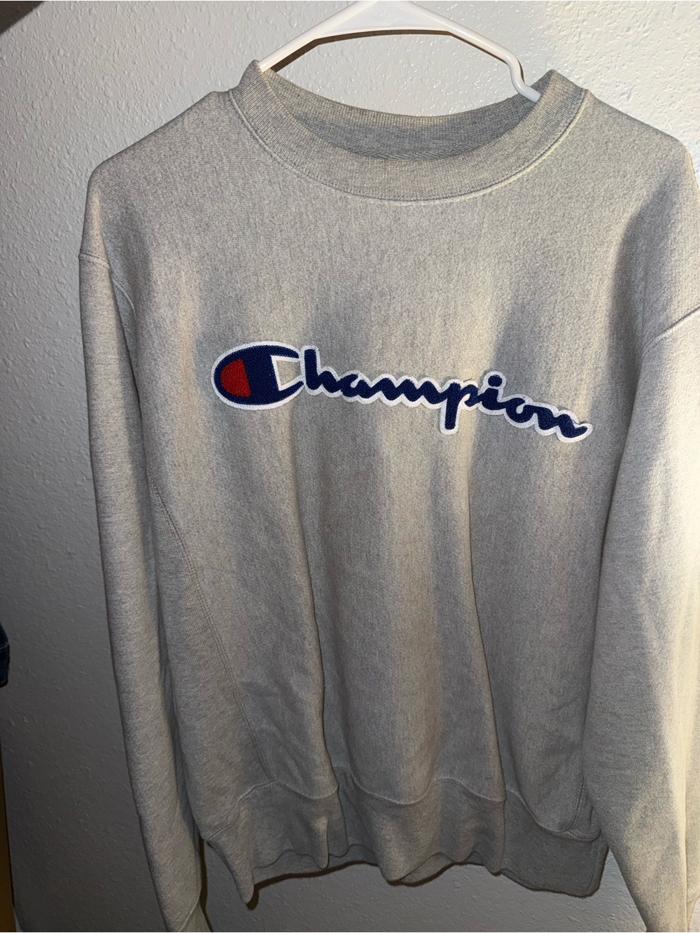 Champion Light Gray Crewneck Sweatshirt with Navy and Red Logo